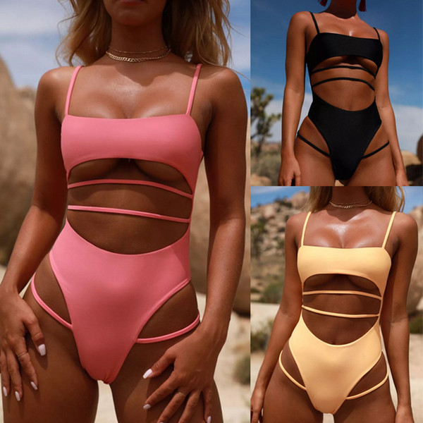 Sexy Thong One Piece Swimsuit Women Solid Bandage Bathing Suit Swimwear Yellow Pink Black Blue High Waist Cut Out Monokini