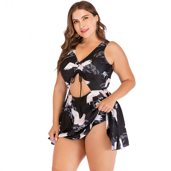 Plus Size One-Piece Swimsuit With Skirt Animal Bird Print Slit One Piece Swimdress Padded Big Size Bathing Suit Beach Wear Dress