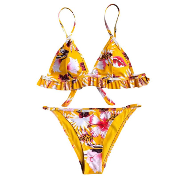 Womens Sexy Two Piece Bikini Set Bohemian Colored Floral Printed Swimsuit V-Neck Ruffled Flounce Trim Triangle Bra Low Waist G-S