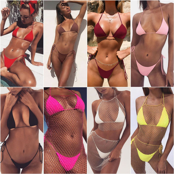 Beach Sexy Bikinis Sets Ladies Sports Solid Quick Drying Bandage Elastic Swimsuits High Quality Breast Pad Lace Mini Bikinis