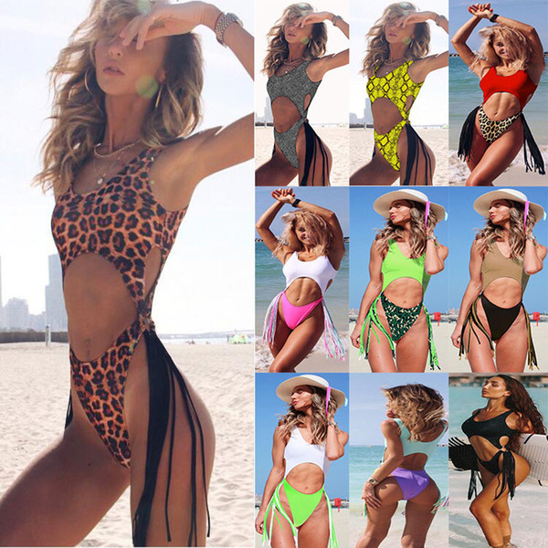 2019 Beach One-piece Suits 10 Colors Women Printed Leopard Sexy Tassel Bikinis Sports Casual Elastic Swimsuits Breast Pad Summer