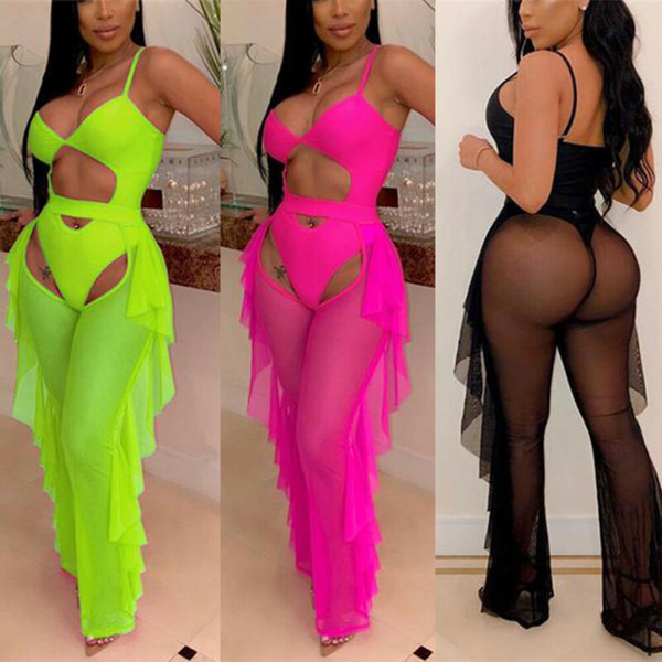 2020 Cover-Ups Women One Piece Swimsuit+Pants Mesh Perspective Solid Color Bodycon Bodysuit Ruffle Pants Club Jumpsuit Cover-Ups