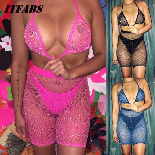 2019 New Sexy Women Rhinestone Bikini Set Mesh Halter Bra+Fishnet High Waist Shorts Beachwear Babydoll Sleepwear Underwear