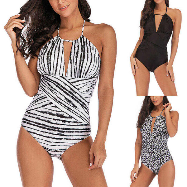 2019 Summer Sexy One Piece Swimsuit Women Swimwear Female Solid Black Leopard Print Backless Bathing Suit 5XL