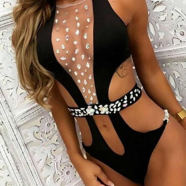 Hirigin 2020 Women One-Piece Swimwear Rhinestone Crystal Backless Swimsuit Beachwear Push-up Monokini Bikini Bathing Suit