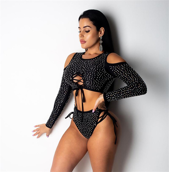 Summer Women's Crystal Long Sleeve Tops Bikini Set Swimwear Swimsuit Beachwear Sexy Off Shoulder Lace Up Swimwear