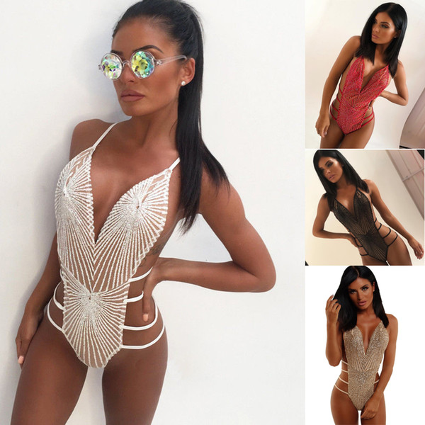 Fashion Women Sexy Swimsuit Sequin Strappy Backless Push Up Ladies Bikini Swimwear Bathing Suit One Piece Monokini Female Bikini