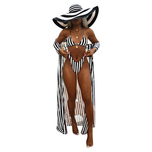 Three Pieces Women Black White Striped Swimsuit Swimwear With Bikini Cover Up Bandage Bra Bikini Set 3pcs Beachwear Bathing Suit