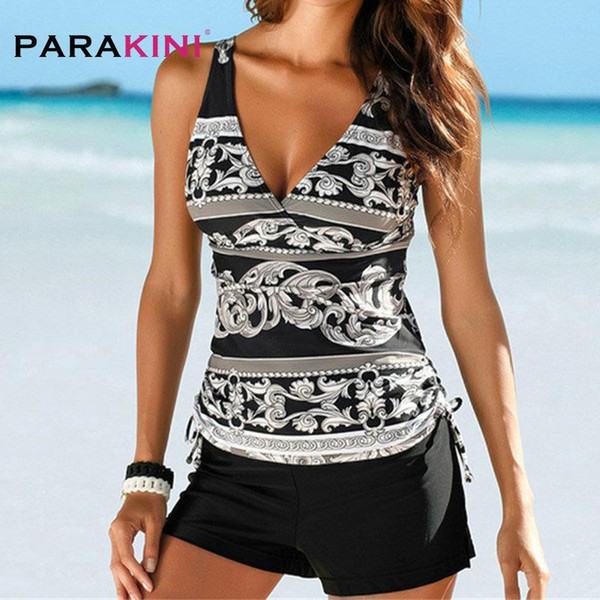 PARAKINI Two Piece Swimwear Women Plus Size Tankini Swimsuits with Shorts V neck Tankinis Set Swim Wear Black Print Bathing Suit