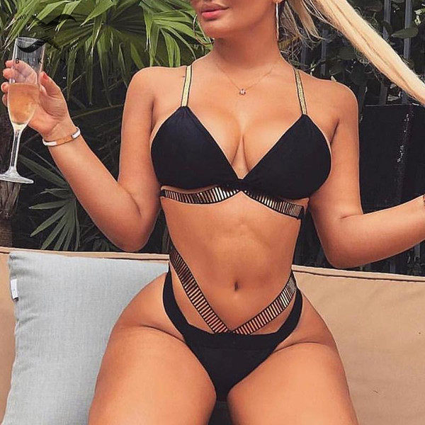 Bandage swimsuit female Striped bikini set Hollow out swimwear women 2019 Fashion summer bathers High cut bathing suit biquini