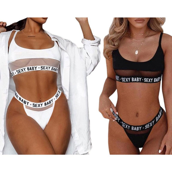 Women Sexy Sheer Mesh Patchwork Underwear Lingerie Set Letters Print Solid Color Bralette Low Rise High Cut Thong Sport Swimsuit