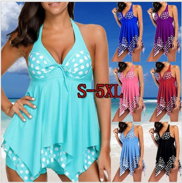 Two Piece Swimsuits Dresses Sexy Dot Print Fat Woman Swim Dress for Beach Plus Size S-5XL