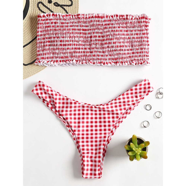 AZULINA Strapless Checkered Shirred Bikini 2018 Smocked Bandeau Bikini Sexy Thong Bikini Swimwear Women Swimsuit Biquini Femme