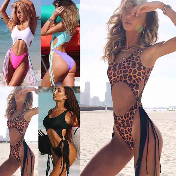 2019 vacation Sexy hollow steel rim tassel bikini in one-piece swimsuit leopard swimwear brazilian bathing suit biquini