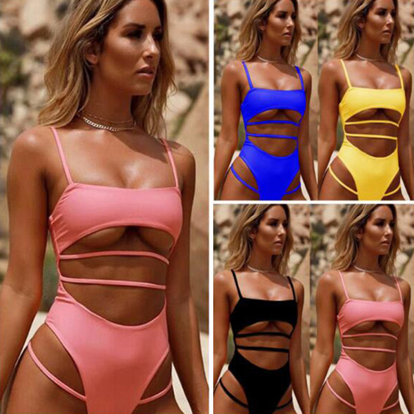 Hot Sell Strappy Bandage Bikini Set 2019 New Solid Swimming Wear For Women Dark Blue Swimsuits New Thong Maillot 4color