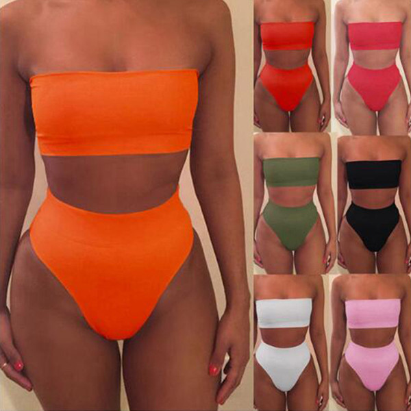 2019 Strapless Bikini Sexy bikinis women Set Off Shoulder Solid Bandage Push Up Padded Swimwear Swimsuit Beachwear Pluz Size biquini S-XL