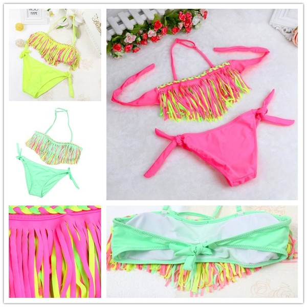 Pocketshopping 1Set Baby Girls Summer Swimwear Tassel Kids Split Nylon Swimsuit Bikini Set or Swimming Hat