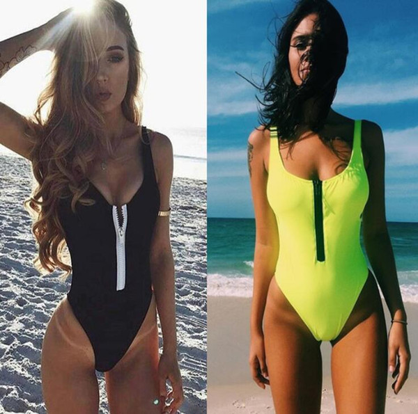 2018 Zipper Front Open Swimwear Women One Piece Swimsuit Sexy High Cut Bathing Suits Brazil Bodysuits Black Green Monokini Female Beachwear