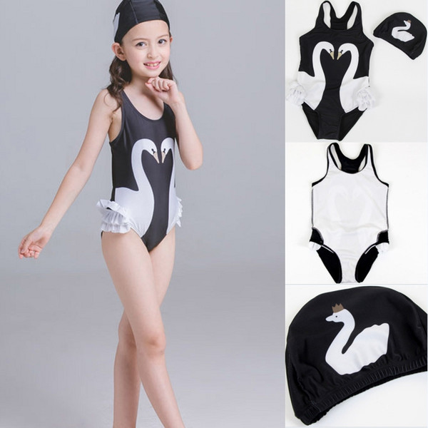 Baby One-piece Swimwear 4 Colors Kids Girls Cute Black Swan Pink Flamingo Parrot Swimsuit Ruffle Bathing Hat Summer Beachwear Free DHL G536F