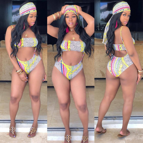 New Arrival Casual 3 piece Women Swimwear Set Color Print Strapless Short Tops Short Pants With Scarf 2019 Summer Beach Suits