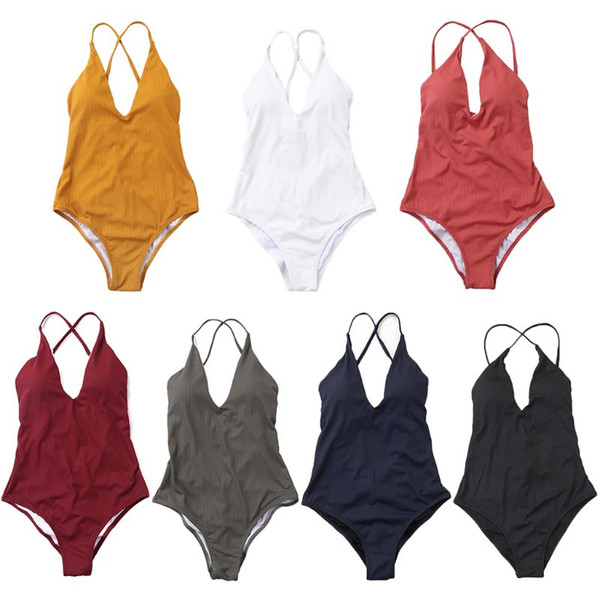 Women One Piece Bikini Plunging V-Neck Backless Monokini Hollow Out Cross Bandage Back Swimsuit Solid Color Thread Stripes Ruche