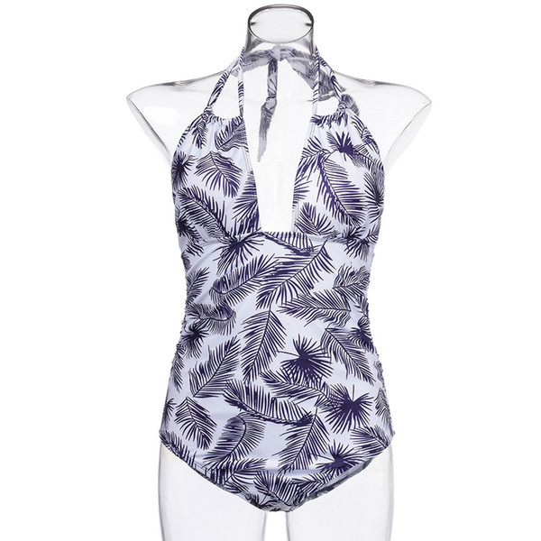 ISHOWTIENDA 2019 Leaf Print Siamese Banded Halter Swimsuit for Women Swimwear Plus Size Bathing Suits V Neckline Halter #4