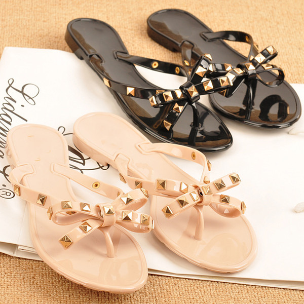 Brand New Womens Rivets Bowtie Flip Flops Jelly Thong Sandal Rubber Flat Summer Beach Rain Shoes