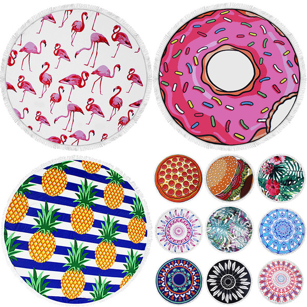 35 Styles Round 3D Print Beach Towel Cute Food Fruit Pattern Printed Towel Donuts Hamburgers Shawl Scarf