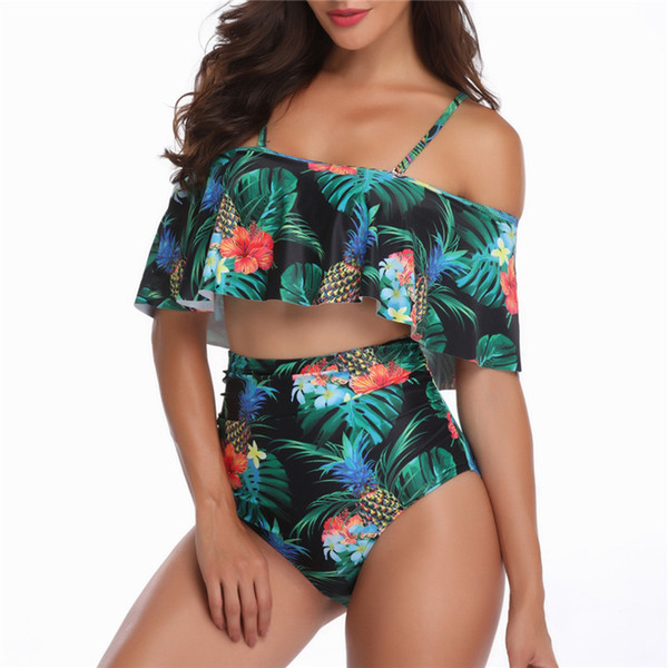 New beach wear Black pineapple flowers fashion swimsuit High Quality Women Water Sports Swimwear Strips with chest High waist Bikinis Set