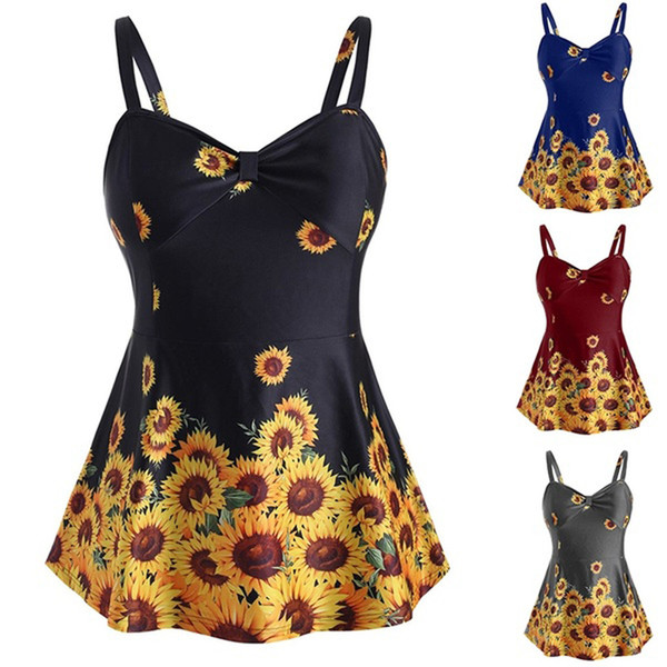 MUQGEW Women Plus Size Ladies Sunflower Printed Slimming Wave-edged Split Swimming Top Tankini Push Up Padded Bra Bikini 2019