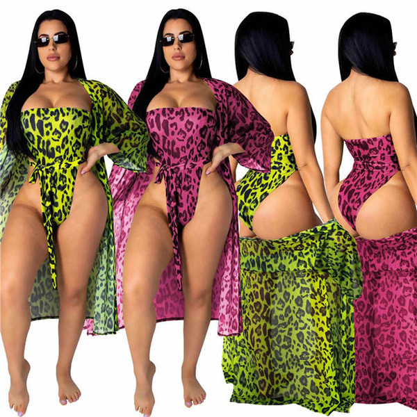 Hot style XL size There -Piece beach wear Printed fashion bikini sexy cloak fission swimsuit Pink and yellow leopard print