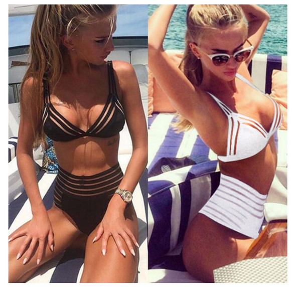 Sexy Striped Hollow Stitching Mesh Three-Ppoint High Waist Bikini Women Split Swimwear Summer Beach Backless Swimsuit Bikini S-XL