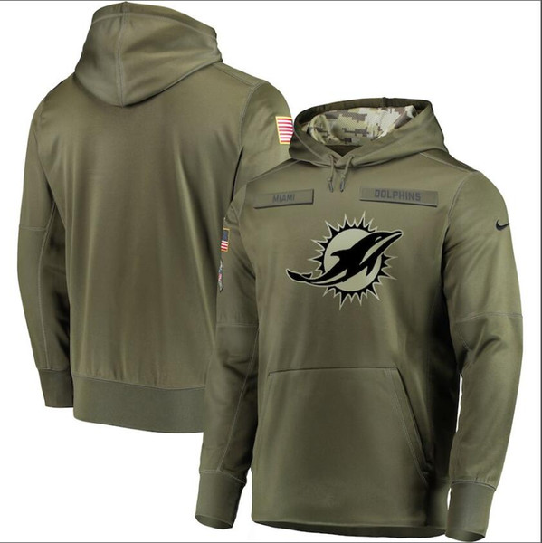 2019 Men Miami Sweatshirt Dolphins Salute to Service Sideline Therma Performance Pullover Hoodie Olive