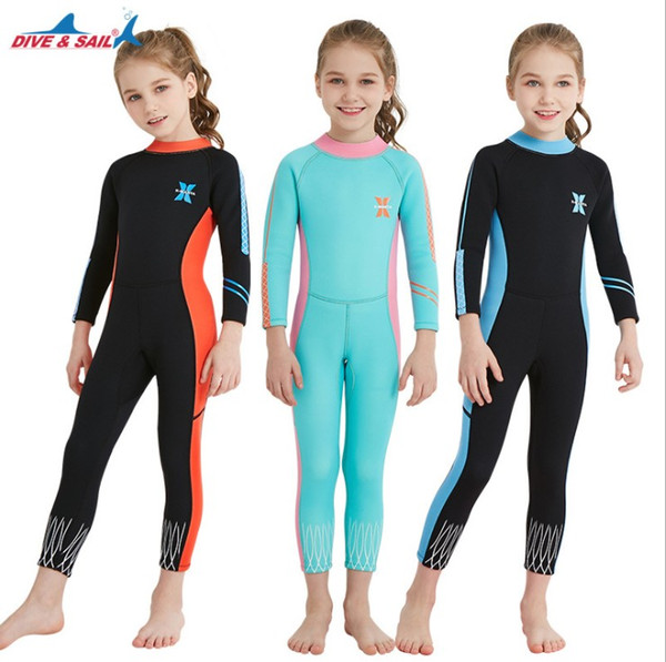 DIVE&SAIL 2.5mm Neoprene Children's Wetsuit Nylon Kids One Piece Long Sleeves Diving Suits Girl's Swimwears 3Colors