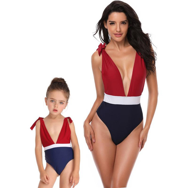 2009 European and American Explosion Deep V High Fork Linkage Swimsuit Nylon Matching Color Parent-child Swimsuit Factory Spot