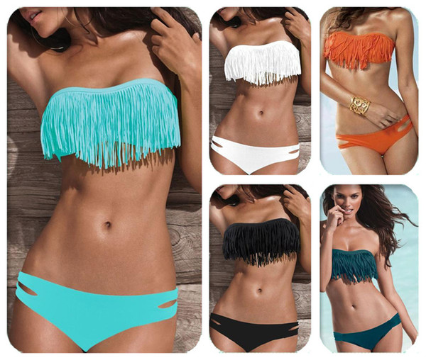 Fashion ladies fringed swimwear & beachwear womens brazilian bandeau bikinis sexy push up micro crochet monokini swimsuits bathing suit