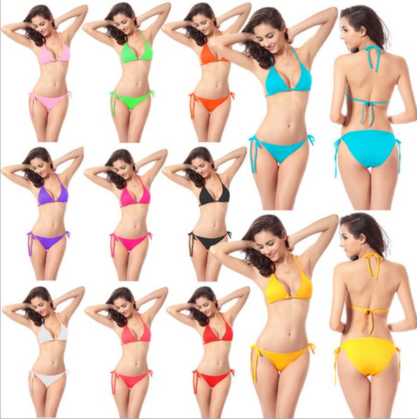 2pcs/Set Womens Swimwear Classic Style Low Waist Solid Color Swimsuit Fashion Sexy Beachwear Brazil Bikini Set Bathing Suit Wear Top Gift