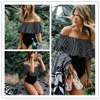 wholesales 2019 New Sexy Off The Shoulder Solid Swimwear Women One Piece Swimsuit Female Bathing Suit Ruffle Monokini Swim Wear XL