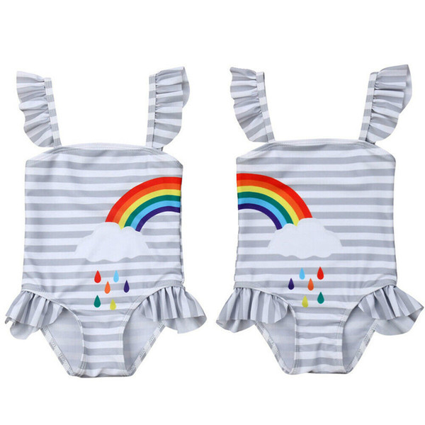 2019 New Kids Baby Girls Stripe Swimsuit Bikini One-piece Ruffle Swimwear Cute Rainbow Print Bathing Suit Kids Beachwear 1 to 5Y 35