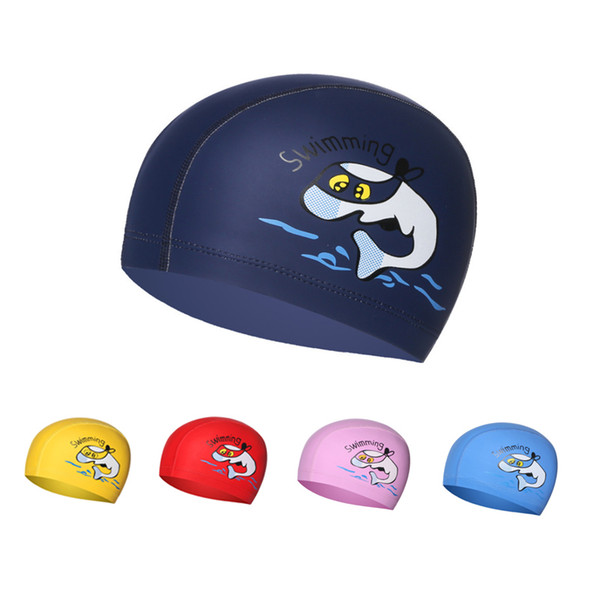 10pcs via ePacket Cartoon Swimming Cap Boys Girls PU Children Waterproof Kids Swim Pool Hats Ear Protector Colorful Baby Diving Hat 30