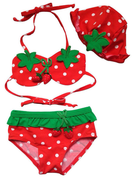 Summer Kids Baby Girls Red Strawberry Beachwear Bikini Suit Hat Swimsuit Swimwear Bathing Suit Swimming Girls Clothes 35