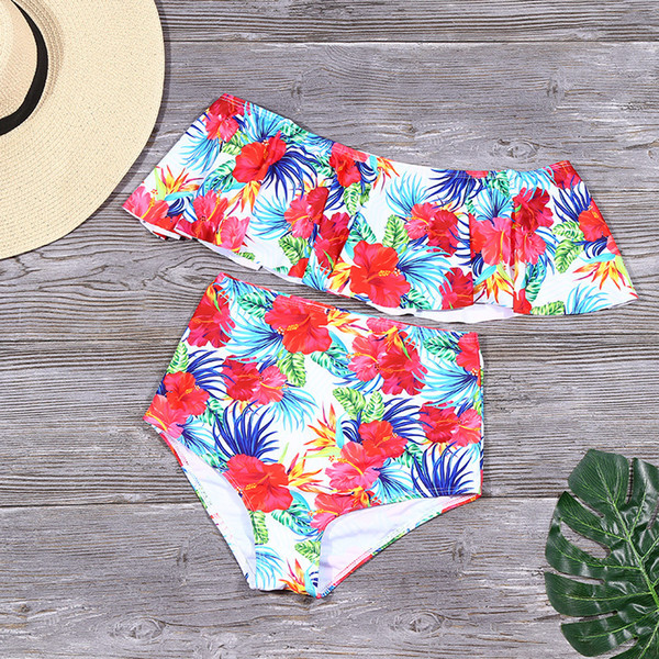 New Style Ruffle Swimwear Women Floral Print Swimsuit Sexy Off Shoulder Bikinis High Waist Bathing Suit Summer Solid Beach Wear 40