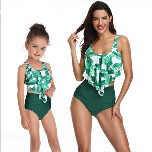 2019 Family Matching Swimwear Mother Daughter Women Kids Girls Floral Green Leaves Printed Bikini Two-Piece Swimsuit Suits Swim Wear 40