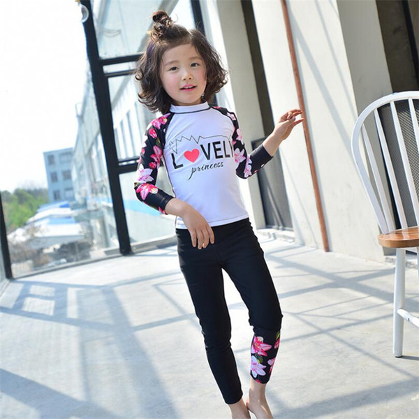 Long Sleeve Baby Girls UV Swimsuit Two Piece 2019 Cute Swim Shirts+pants Lovely Princess Swimwear Kids Bathing Suit White Black 40