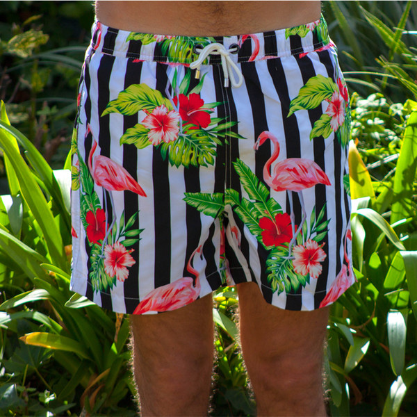 Hot Selling 2019 Summer Men Beachwear Flamingos Floral Prints Striped Swimming Trunks For Men Bathing Swimwear Boardshorts 40