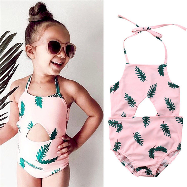 2019 Lovely Kids Girls Swimsuit Backless Strap Swimmable Bikini Print Bathing Suit Kids One-piece Swimsuit Swimwear 1 to 6Y 35