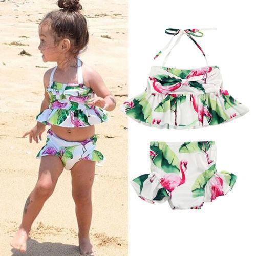 Newborn Kid Baby Girl Flamingo Floral Tankini Swimwear Halter Crop Top Swimsuit Bikini Set Bathing Suit 35