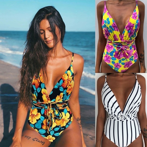 Sexy Halter Top Bikinis Women Floral Print Swimwear Bandage One Piece Swimsuit Deep V Bathing Suit Plus Size Beachwear 35