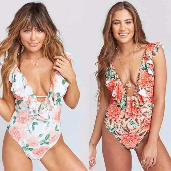 Sexy 2019 One Piece Swimsuit Ruffle V-neck Swimwear Women Solid Bathing Suit Female Flower Print Bikini Sets Monokini 35