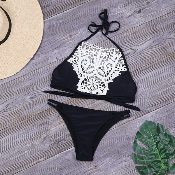 Seazea Black Lace Up Bikinis Set Sexy Halter Top Swimsuit Women Patchwork Bathing Suit Bodysuit 2019 New Swimwear Biquini 35